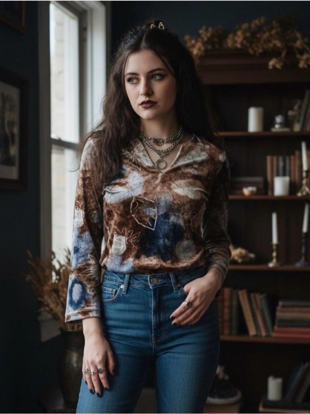 Jordache Brown and Blue Graphic 3/4 Sleeve Blouse Vintage